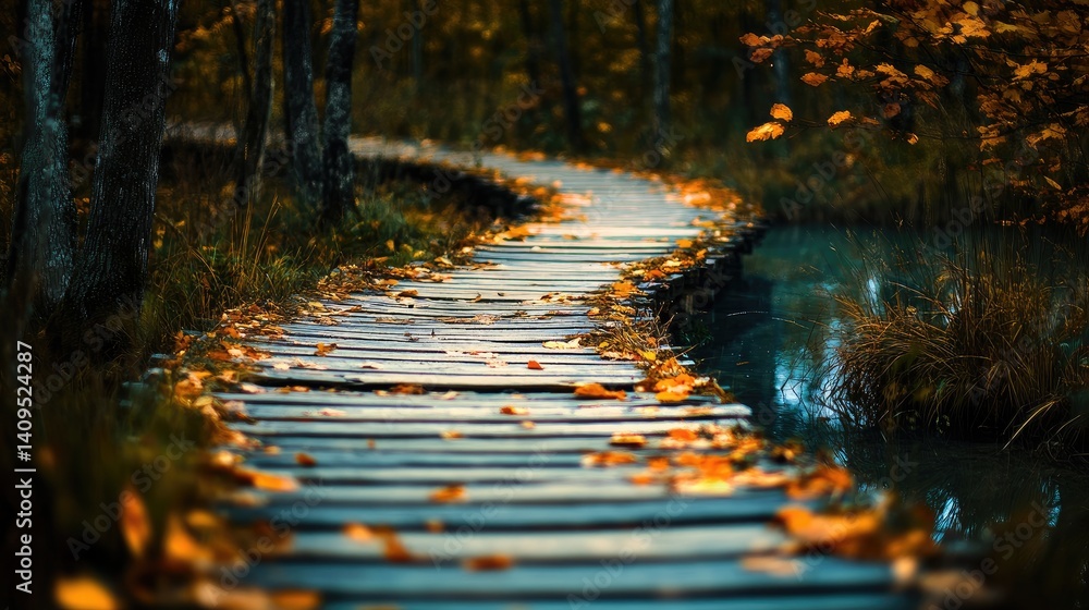 Autumnal wooden walkway meanders through a serene forest. Autumnal wooden walkway meanders through a serene forest.
