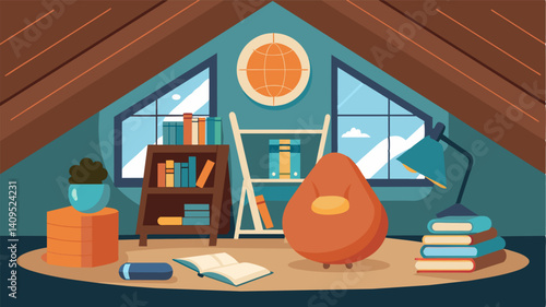 A cozy attic study with beanbag chairs and a vintage globe next to a shelf of carefullyorganized coding books.. Vector illustration