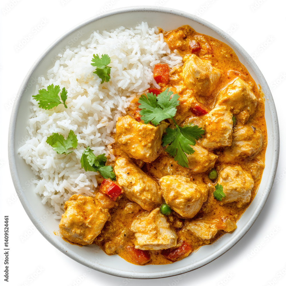 A serving of chicken korma with steamed rice A serving of chicken korma with steamed rice