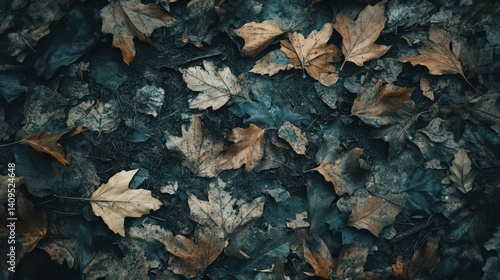 Fallen autumn leaves covering the forest floor.