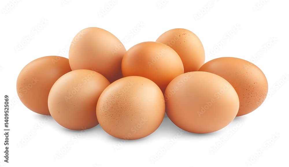 A pile of six fresh brown eggs isolated on a white background A pile of six fresh brown eggs isolated on a white background