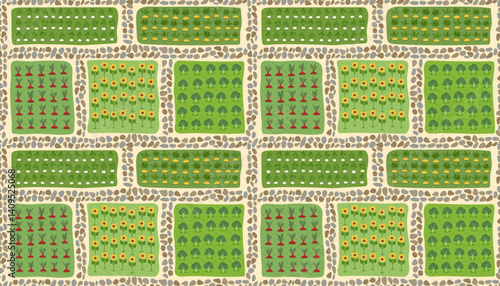 Gardening and farming concept seamless pattern. Nature banner of planting vegetables. Regenerative farming concept. Vector flat background.