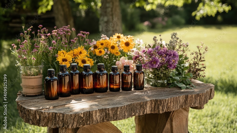 Fototapeta premium Natural beauty: A rustic setup with essential oils and vibrant flowers in a serene garden setting