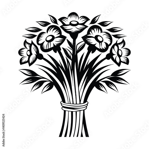 Stylized Black Flowers Bouquet with Leaves, Simple, Elegant Floral Arrangement Isolated