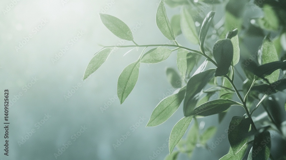 Leafy branch on edge of frame with sunlight creating gentle green haze, macro view, airy and peaceful plant theme Leafy branch on edge of frame with sunlight creating gentle green haze, macro view, airy and peaceful plant theme
