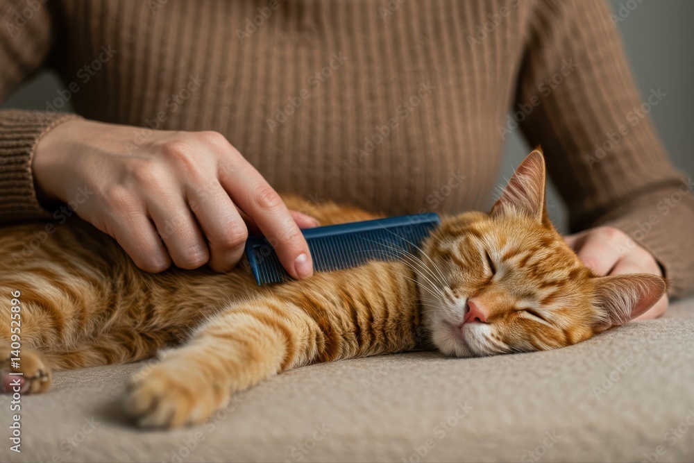 Obraz premium Woman combs a dozing ginger cat fur. Fluffy pet comfortably settled to sleep. Cute cozy background, morning bedtime at home. 