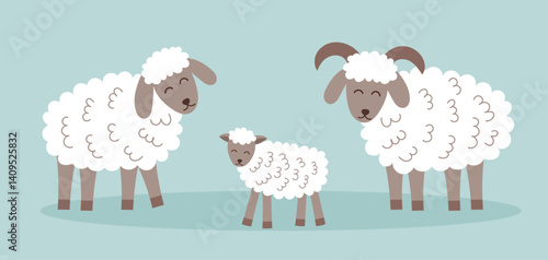Sheep cliparts isolated on white background. Farming concept, animals, livestock. Vector flat illustration of sheep family.