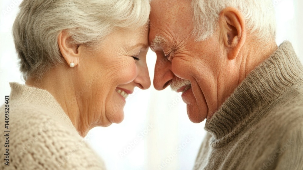Elderly couple, foreheads touching, smiling, showing love and companionship. Elderly couple, foreheads touching, smiling, showing love and companionship.