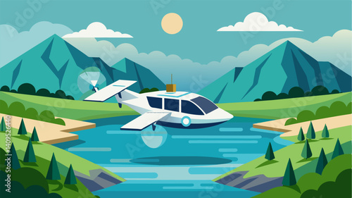 As the eVTOL glides over the shimmering lake passengers are treated to stunning views of the solarpowered floating homes and lush green hills.. Vector illustration