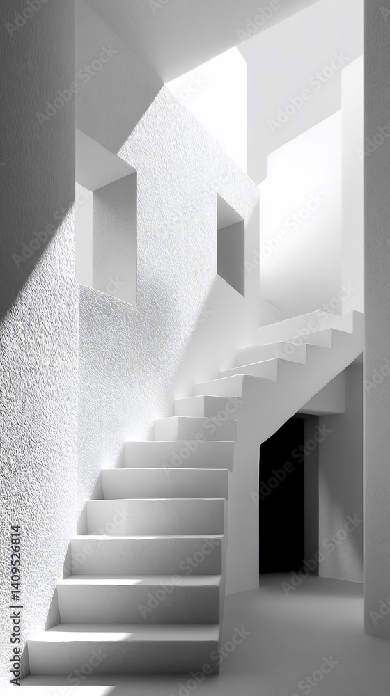 Fototapeta premium Sunlit white staircase ascending in a minimalist, geometric interior