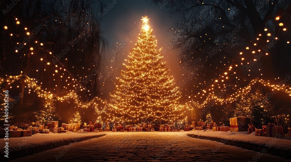 Enchanting Christmas Illumination: Golden Tree, Gifts and Sparkling Garland Enchanting Christmas Illumination: Golden Tree, Gifts and Sparkling Garland