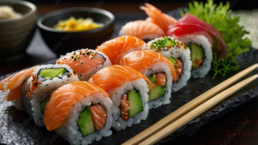 A delectable assortment of sushi rolls and nigiri on a black plate with chopsticks.
A delectable assortment of sushi rolls and nigiri on a black plate with chopsticks.