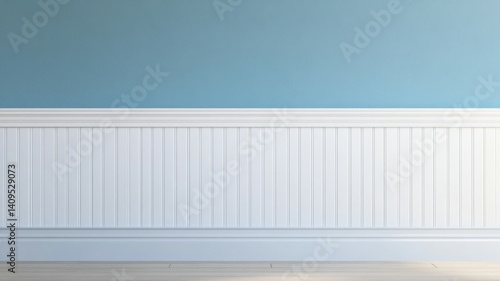 Blue and white wall with wainscoting and wooden floor texture background.