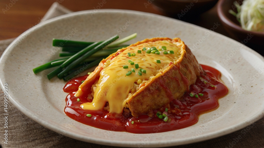 Delicious omurice with ketchup and a side of tomatoes on a wooden tray.
Delicious omurice with ketchup and a side of tomatoes on a wooden tray.