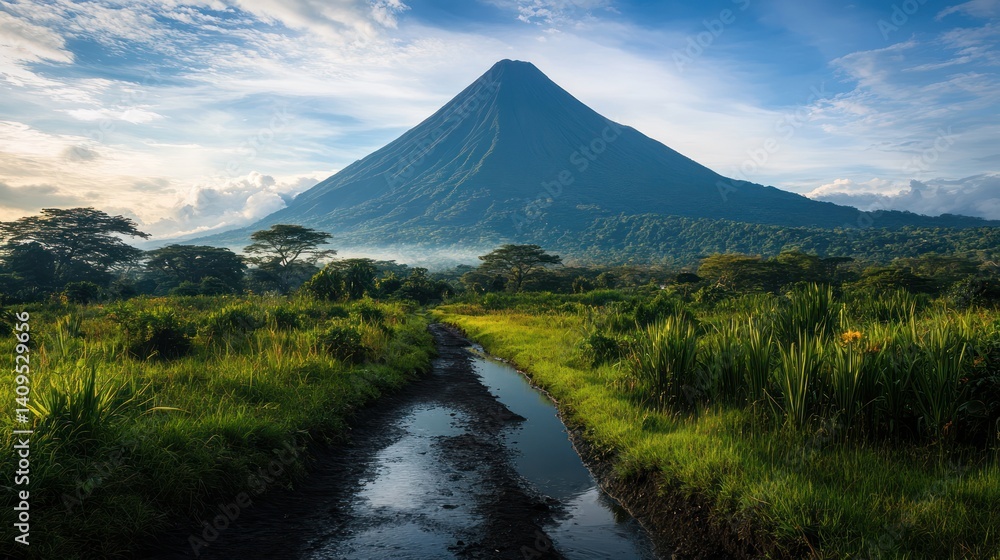 Fototapeta premium Majestic mountain landscape scenery with vibrant greenery and tranquil river
