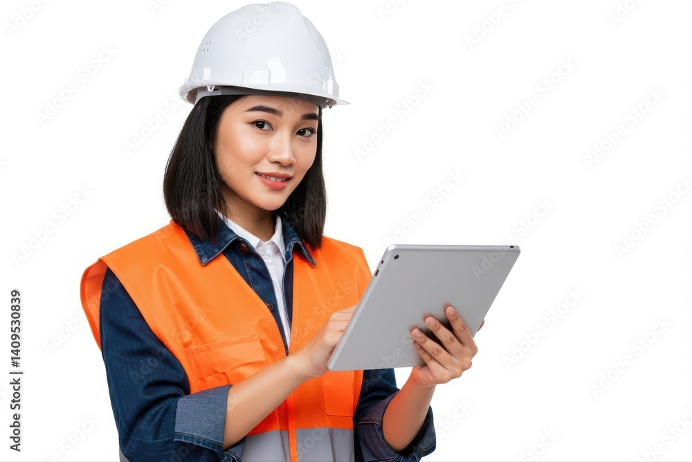 Young female engineer with a safety vest and helmet using a tablet isolated on white background Young female engineer with a safety vest and helmet using a tablet isolated on white background