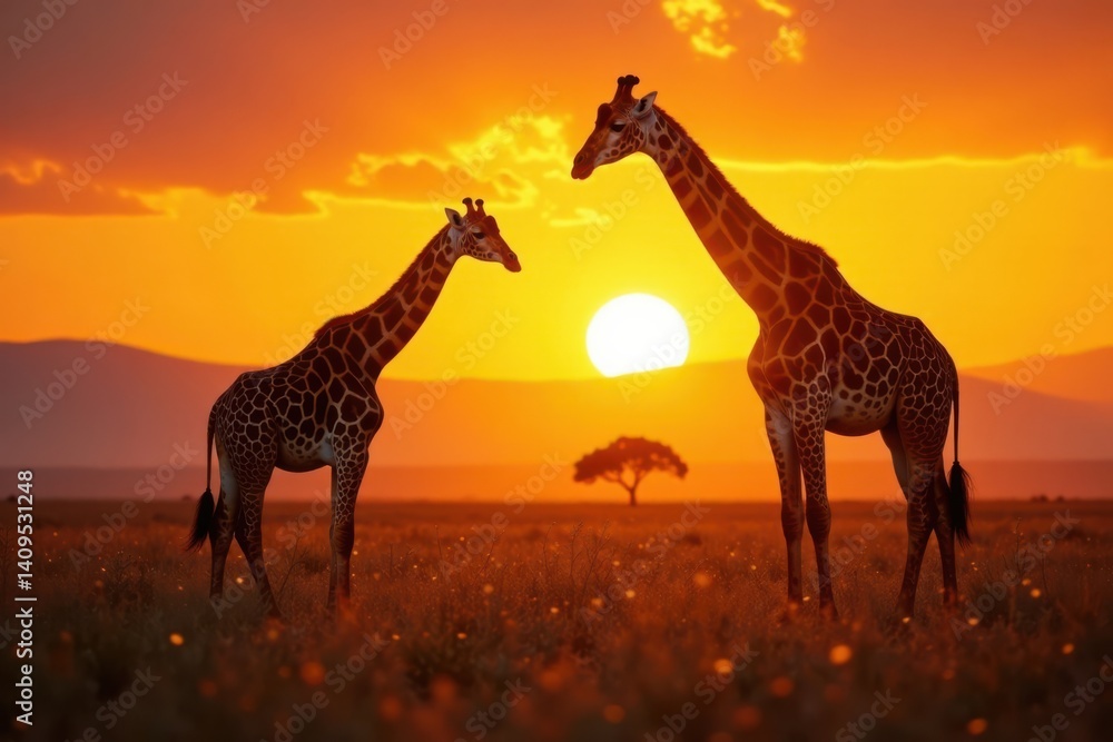 Obraz premium Giraffes grazing under a warm sunset, their spots blend with the fading light , grasslands, open range