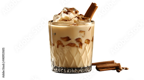 Iced chai latte with cinnamon stick and ice, glass tumbler view
