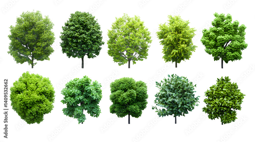 Fototapeta premium Set of tree and bush top views, realistic, isolated on white background