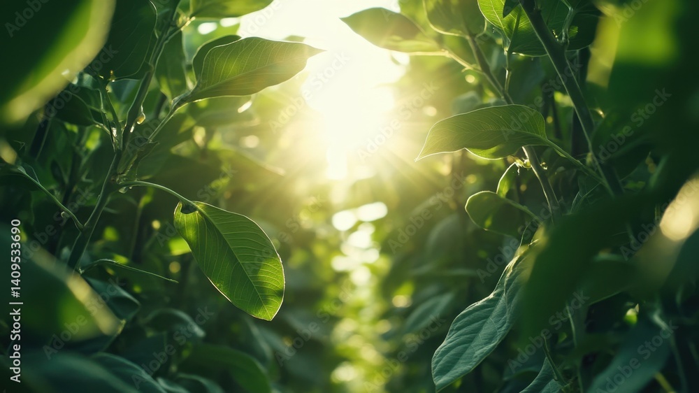 Fototapeta premium Rows of vibrant green soybean plants bathed in warm sunlight.