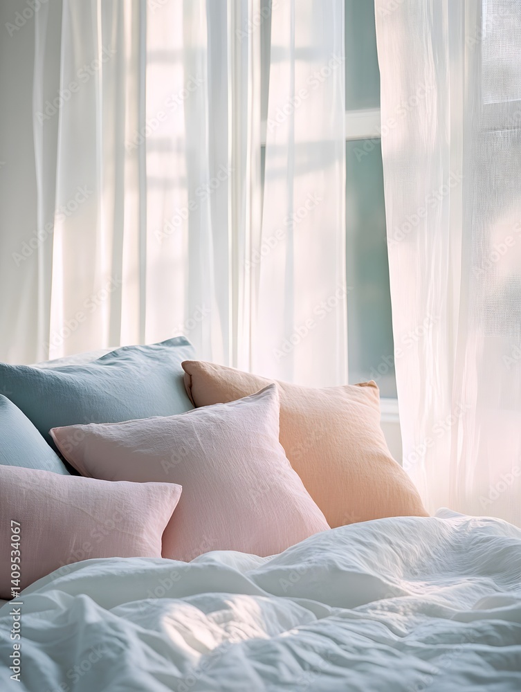 Cozy and Comfortable Bedroom Design with Soft Pillows and Light Curtains for a Serene Sleep Environment Cozy and Comfortable Bedroom Design with Soft Pillows and Light Curtains for a Serene Sleep Environment