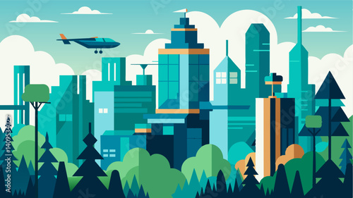Sprawling forests and towering buildings sharing the skyline with air taxis providing a seamless connection between the two.. Vector illustration