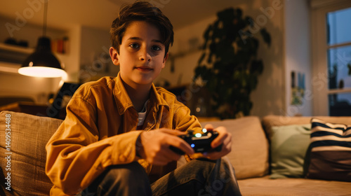 Focused Boy Playing Video Game at Home – Cozy Evening Gaming Moment