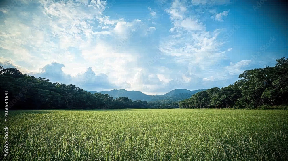 Fototapeta premium Lush rice paddy stretches to a mountain range under a vibrant sky.