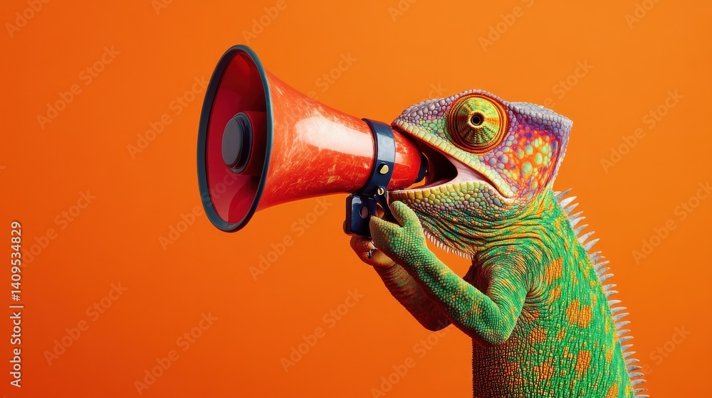 Fototapeta premium Creative announcement concept. A vibrant chameleon appears to be shouting into a megaphone against a solid orange background, showcasing a playful mix of wildlife