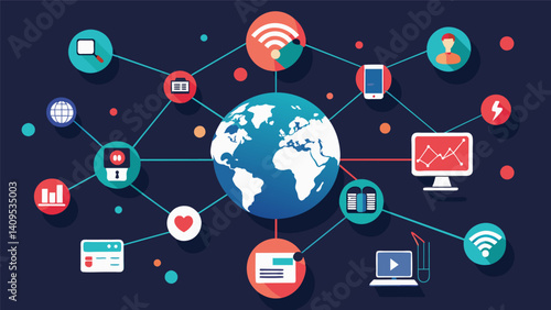 A network visualization depicting the interconnectedness of major world events with videos or audio clips of news coverage overlayed to tell a complex story.. Vector illustration
