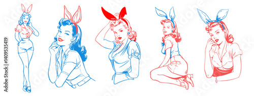 A set of vintage retro pin up style woman wearing easter bunny ears. line art illustration style