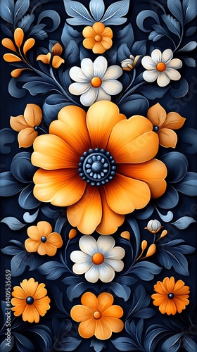 Bright Floral Phone Wallpaper   Orange & White Flowers with Intricate Details on Dark Blue Background | Nature Mobile Background in 4K HD

