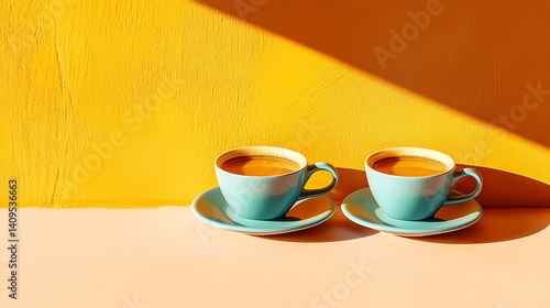 A joyful National Friendship Day scene with two cups of coffee, shared laughter, and cozy ambiance against a warm golden background