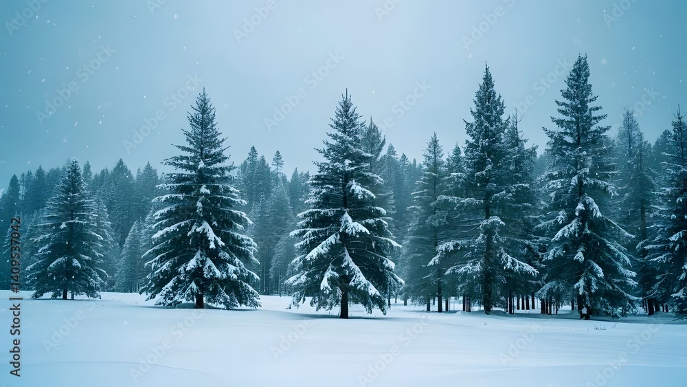 Naklejka premium A winter wonderland scene with snow-covered pine trees, soft falling snowflakes, muted color tones, peaceful atmosphere, wide shot capturing the stillness of the season.