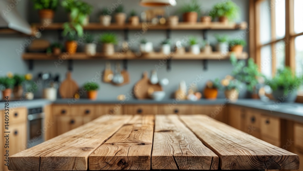 Rustic Wooden Kitchen Tabletop with Greenery and Wooden Shelving Background Rustic Wooden Kitchen Tabletop with Greenery and Wooden Shelving Background
