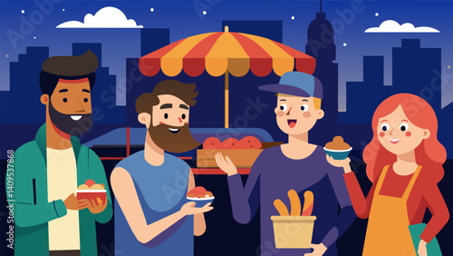 After a late night out a group of friends stop at a street vendor to satisfy their hunger with mouthwatering completo hot dogs reliving their evening escapades with each bite.. Vector illustration
