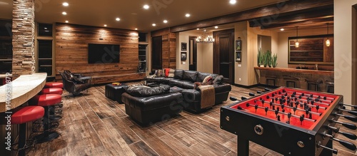 Rustic basement game room, wood walls, foosball