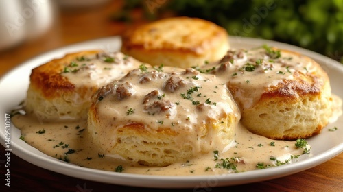 Fluffy buttermilk biscuits smothered in creamy sausage gravy at a cozy brunch setting