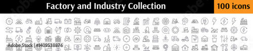 Set of Industry Related Line Icons. Factory, Warehouse, Gear, Agriculture Outline Signs for Graphic and Web Design, Apps, Adverts, Various Cards