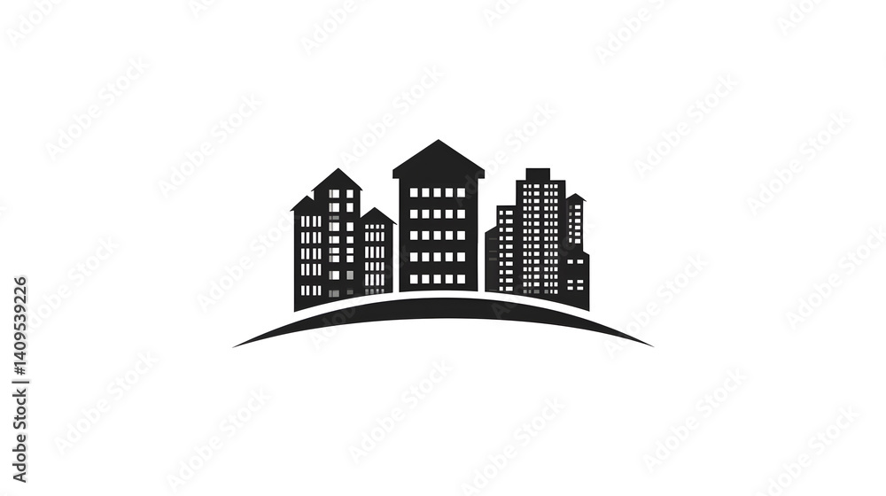 Fototapeta premium Black And White Cityscape Silhouette With Buildings On A Hill Urban Design Modern Architecture Vector Illustration