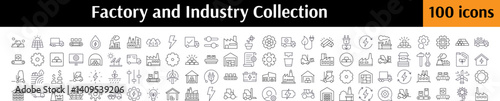 Industry Line Icon Pack. Factory, Warehouse, Gear, Agriculture Outline Signs for Graphic and Web Design, Apps, Adverts, Various Cards