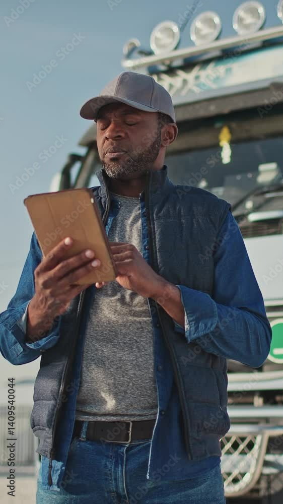 Handsome African American man using digital tablet while standing in front of truck. Wearing gray cap and denim shirt. Focused expression, interacting with screen outdoors. Modern technology concept. Handsome African American man using digital tablet while standing in front of truck. Wearing gray cap and denim shirt. Focused expression, interacting with screen outdoors. Modern technology concept.
