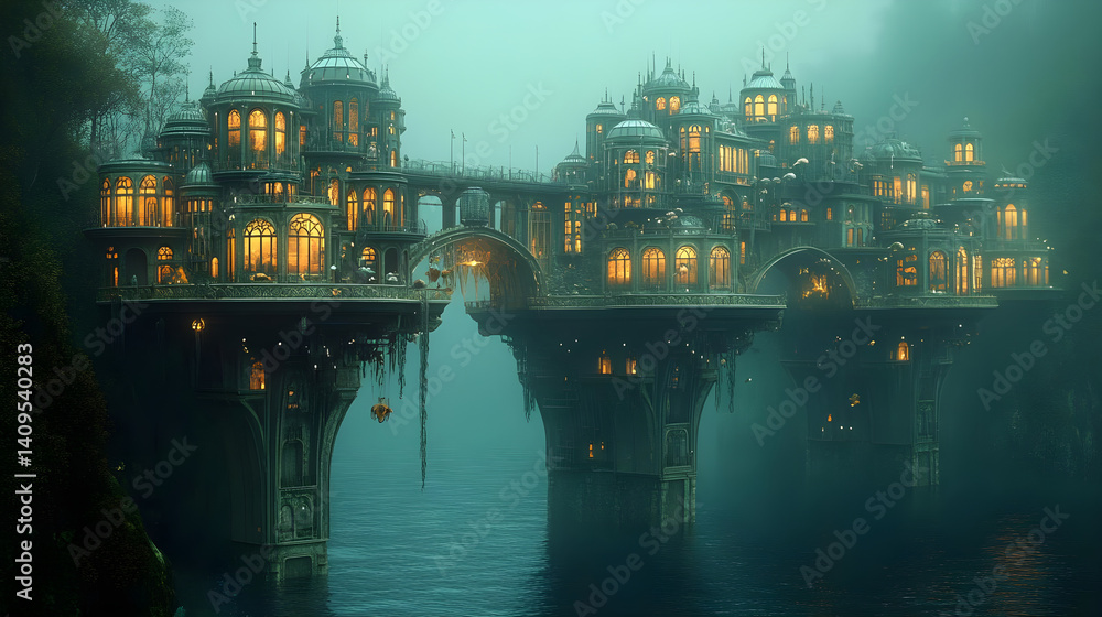 Fototapeta premium Misty floating city on a river