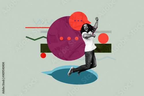 Bilde på lerret Creative full artwork collage of happy guy stand bubble communication icon chatt