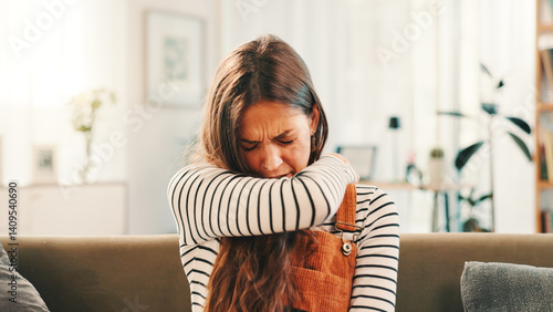 Tableau sur toile Home, sneeze and woman on sofa, cough and disease with cold, pneumonia and bronchitis in living room