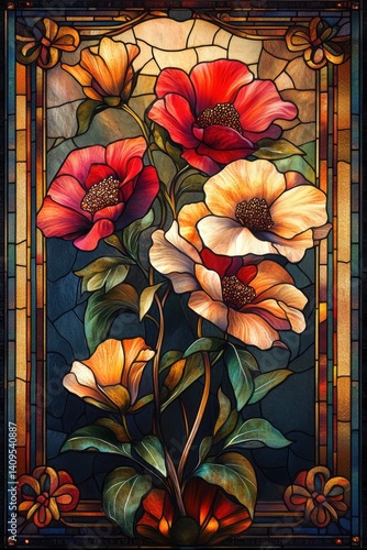 Colorful stained glass floral art depicting vibrant blooms and leaves photo