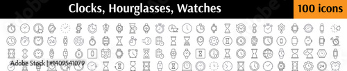 Time, Clock, Watch, Hourglass Collection of Thin Icons. Editable Stroke. Perfect for Web Sites, Books, Cards, Apps