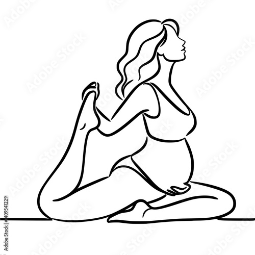 Pregnant woman practicing yoga pose in minimalist line art , single line vector 