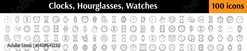Time, Clock, Watch, Hourglass Bundle of Thin Icons. Editable Stroke. Perfect for Web Sites, Books, Cards, Apps