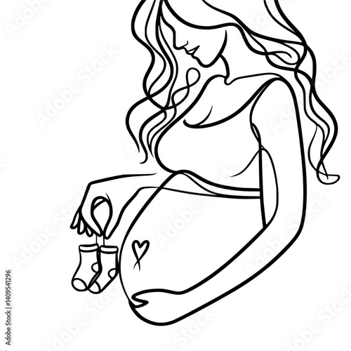 Pregnant woman holding baby booties with love in a simple line drawing  